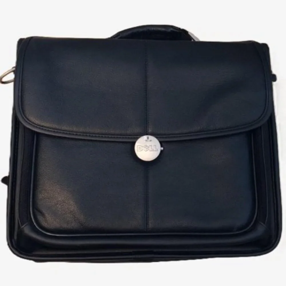 Vintage Dell Unisex Faux Black Leather Laptop Briefcase, with Strap, 16”x13”x4”